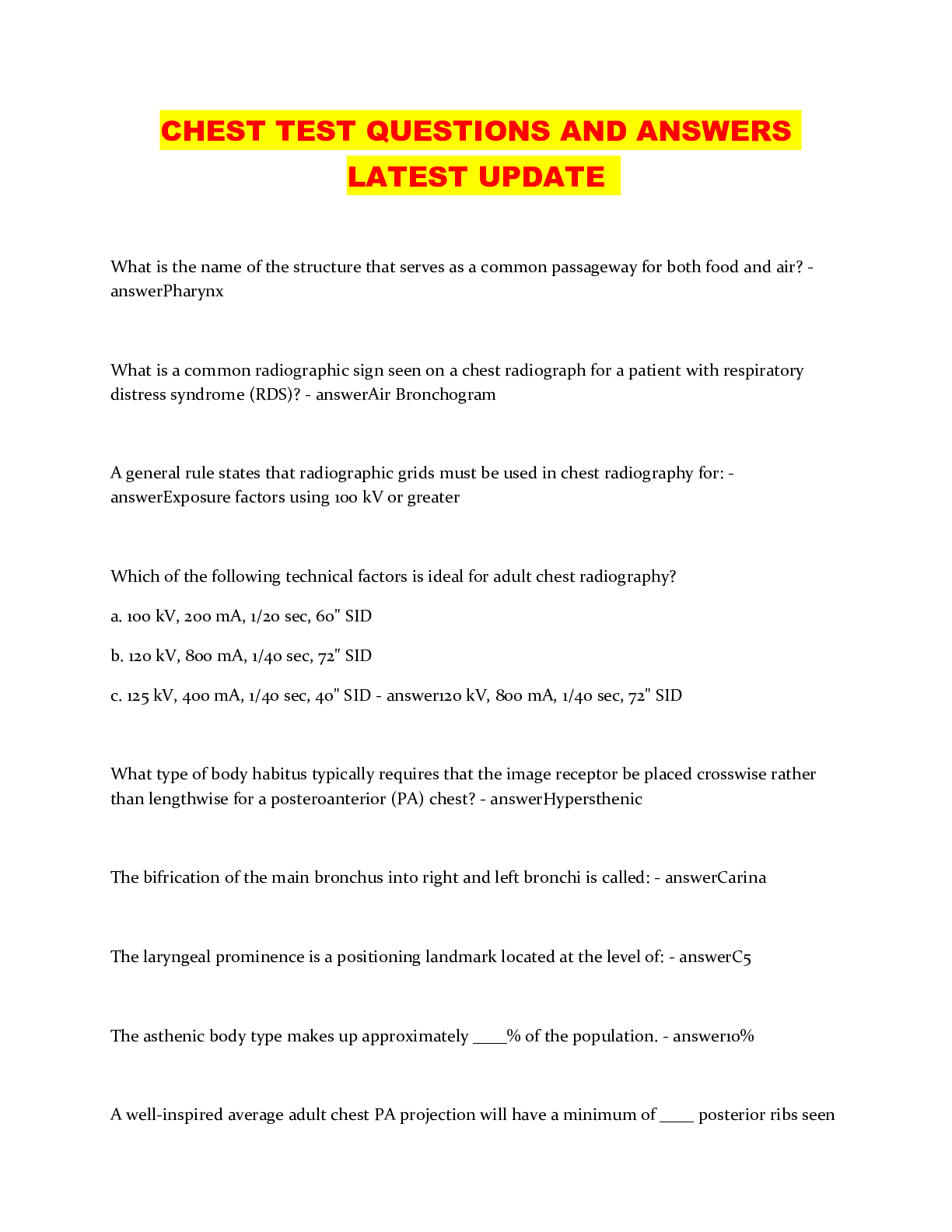 CHEST TEST QUESTIONS AND ANSWERS LATEST UPDATE Browsegrades